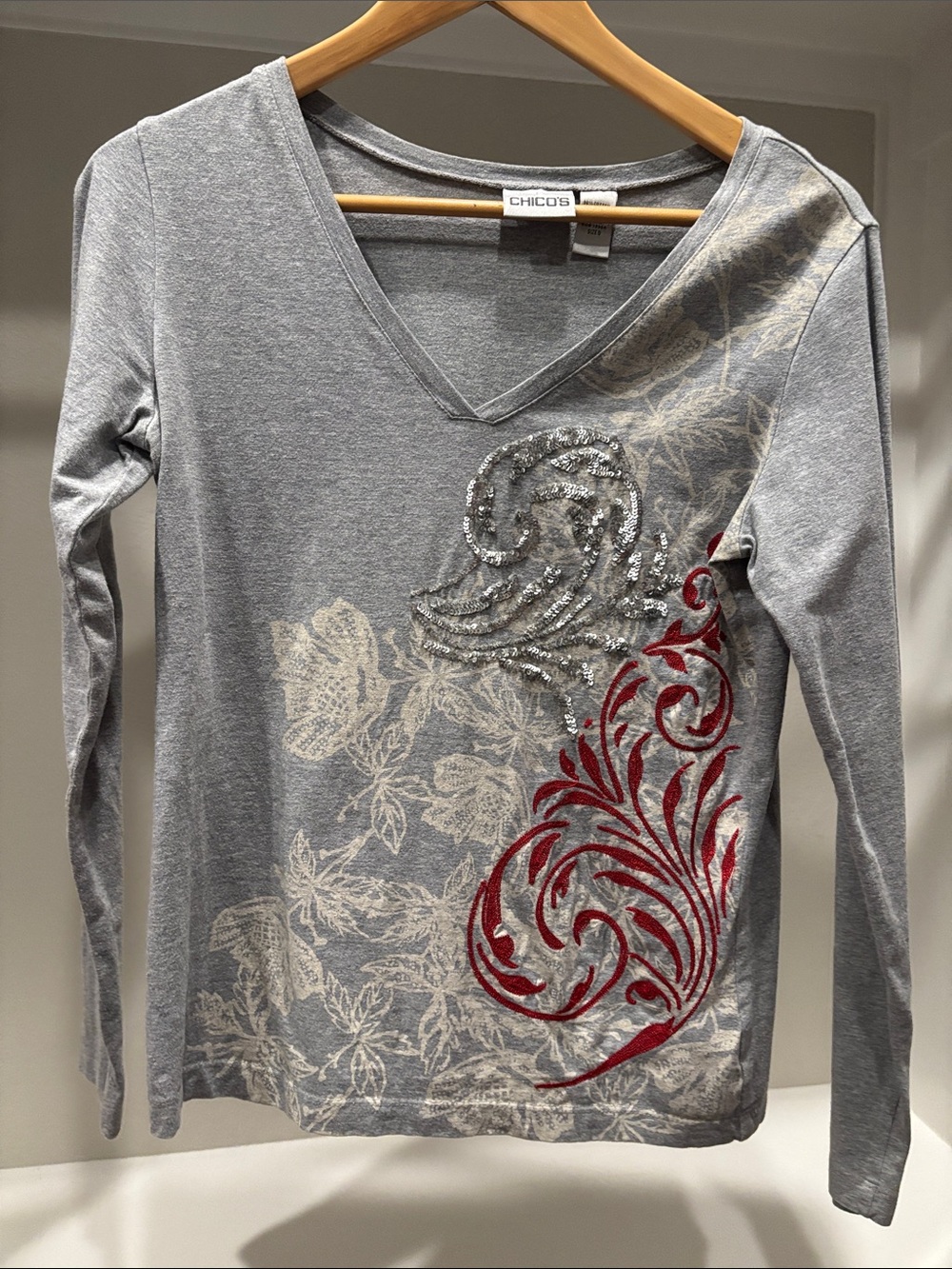 Chico's Gray Long Sleeve V-Neck Top with Red Embroidered Accent